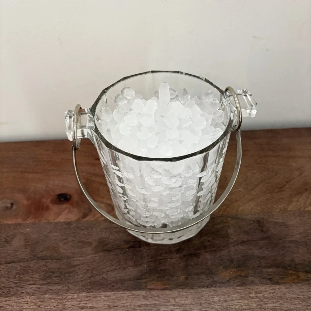 Vintage Faceted Glass Ice Bucket Handle Mid Century Heavy Paneled Barware Wine